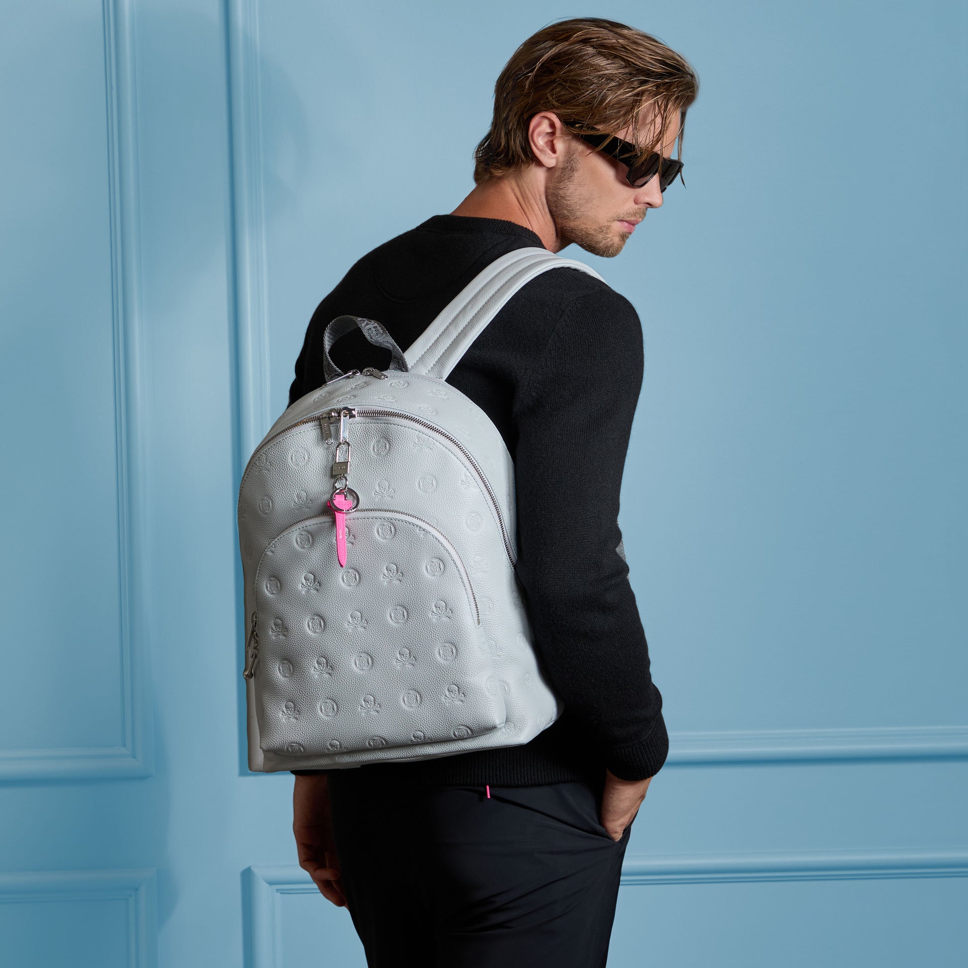 G/FORE EMBOSSED SKULL & TEES LEATHER BACKPACK